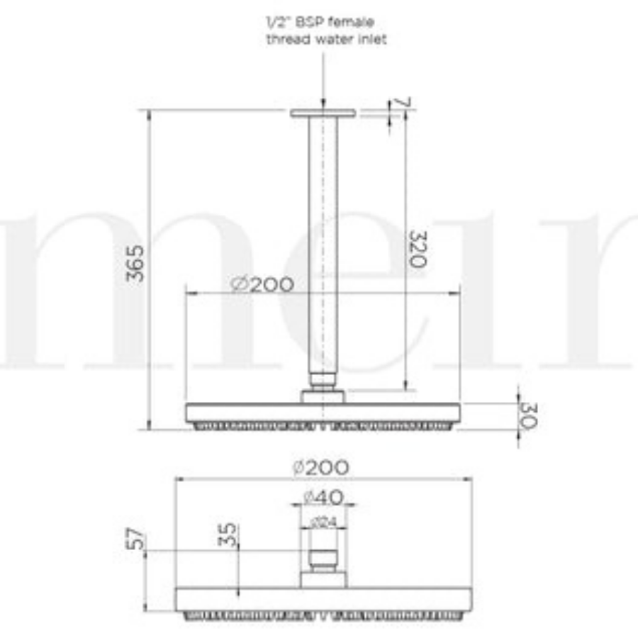 Meir Round Ceiling Shower 200mm Rose and 300mm Dropper