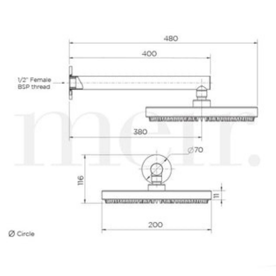 Meir Round Wall Shower 200mm Rose, 400mm Arm Champagne