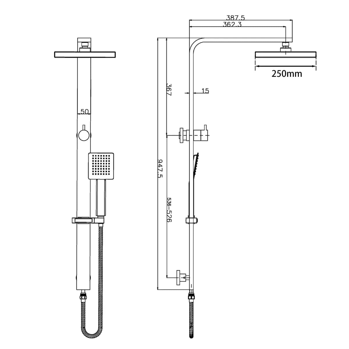 Square Wide Rail Shower Station, Top Water Inlet, 3 Functions Handheld-Chrome-CH2150-SH-N+CH0002-SH+CH-S8-HHS, 2