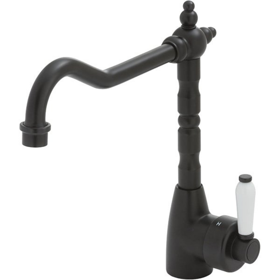 Fienza Eleanor Shepherds Crook Sink Mixer - Matte Black/Ceramic