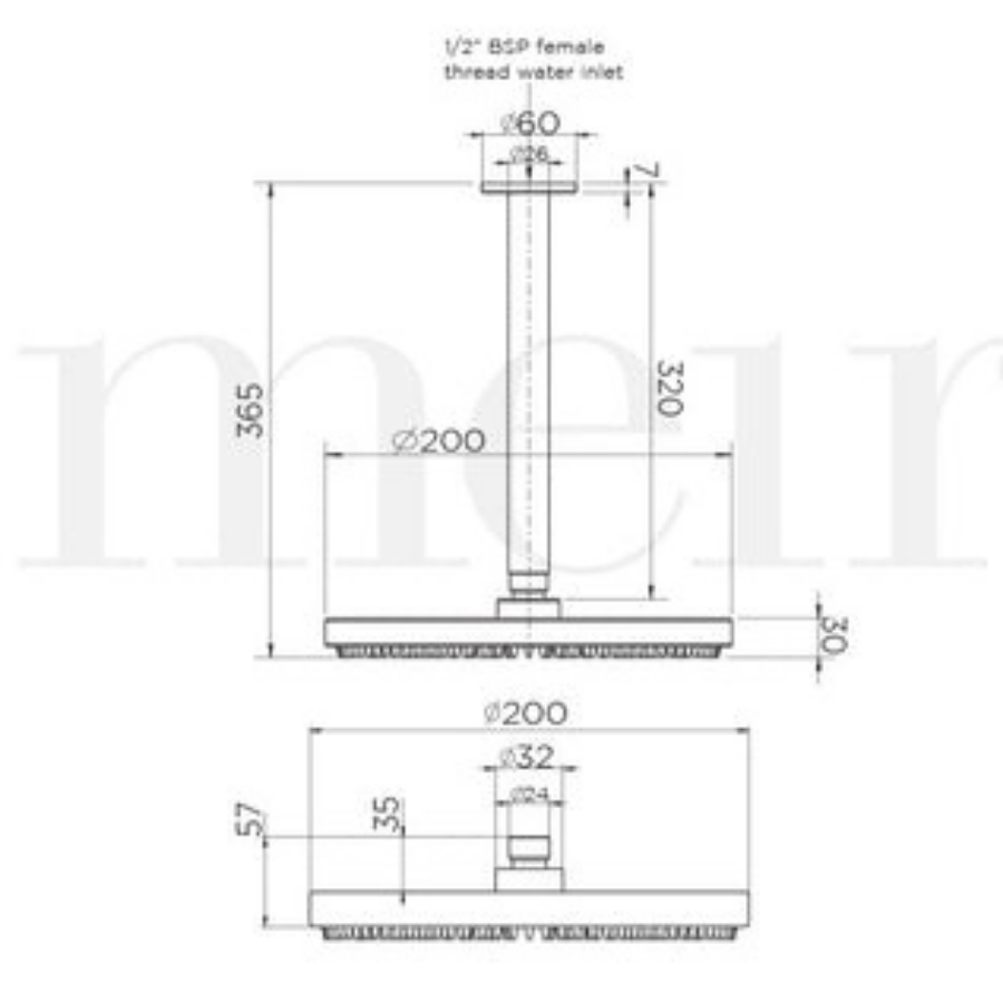 Meir Round Ceiling Mounted Shower 200mm Rose, 300mm Dropper Champagne
