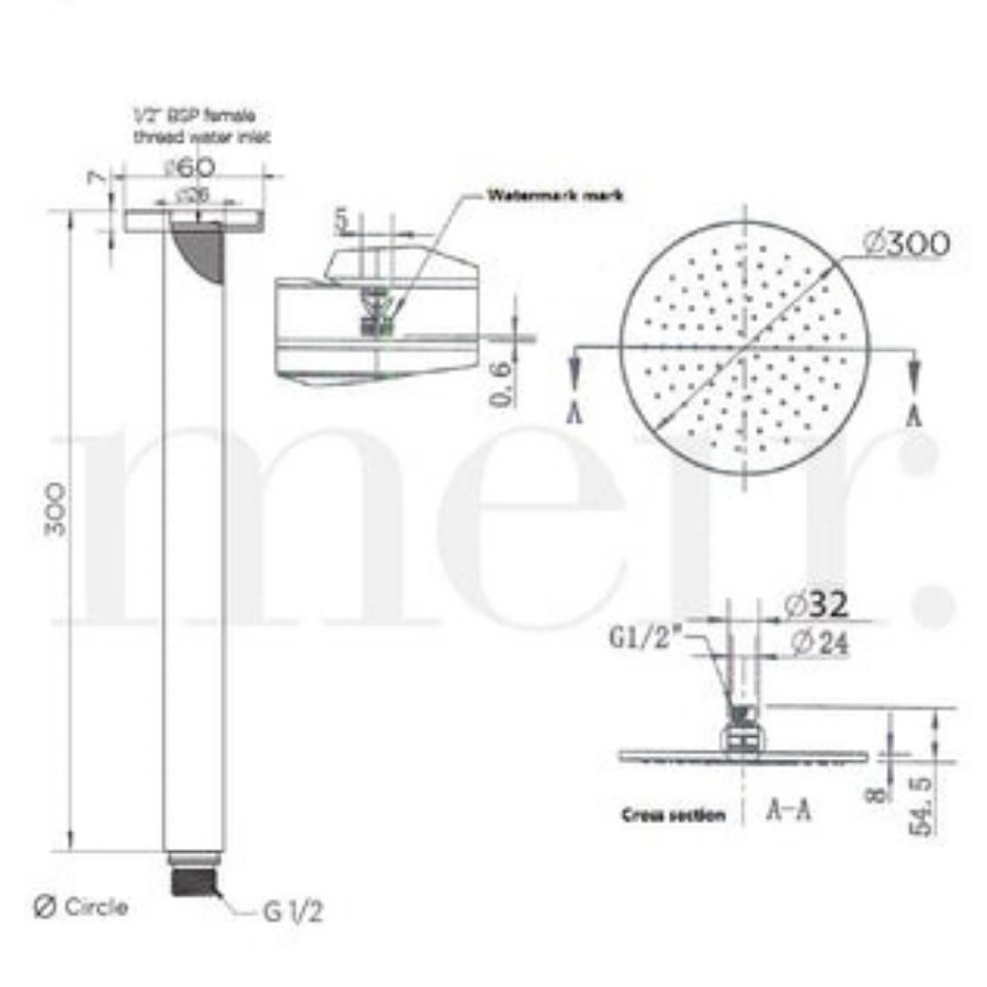Meir Round Ceiling Mounted Shower 300mm Rose, 300mm Dropper Champagne