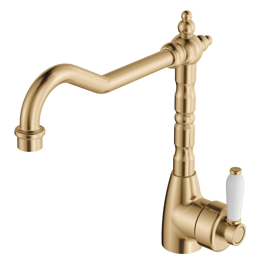 Fienza Eleanor Shepherds Crook Sink Mixer - Urban Brass/Ceramic