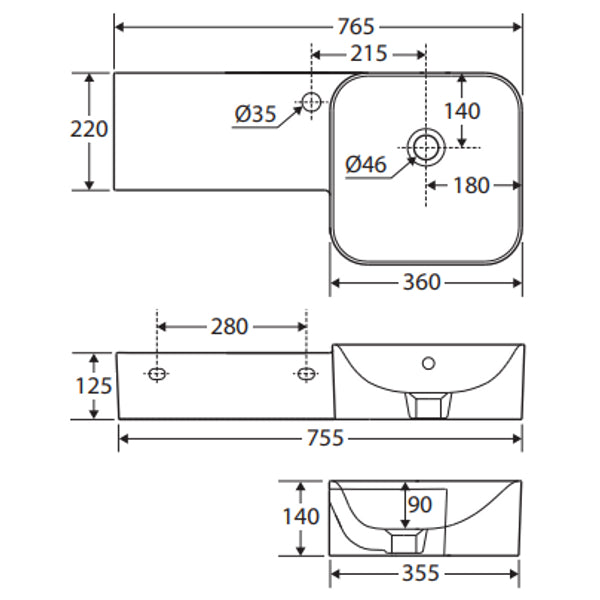 Fienza RAK Petit Square Wall Basin, Left Edge