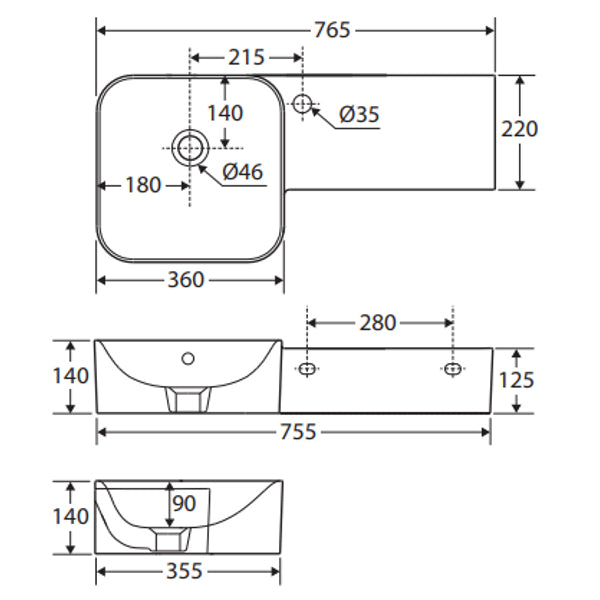 Fienza RAK Petit Square Wall Basin, Right Edge