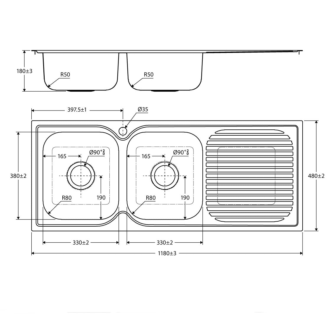 Fienza Tiva 1180 Double Kitchen Sink with Drainer, Left Bowl