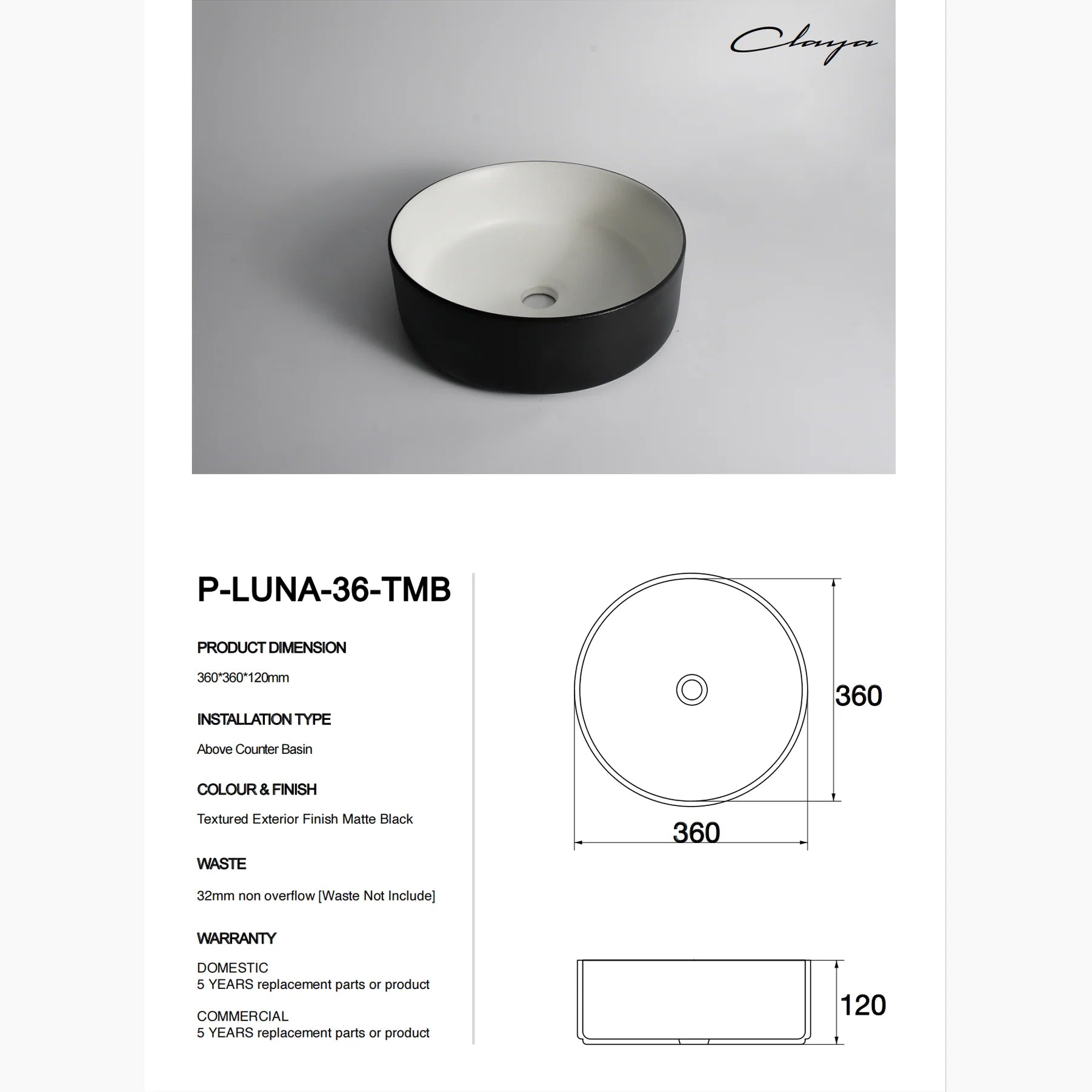Claya above-counter ceramic basin - P-Luna-36-TMB