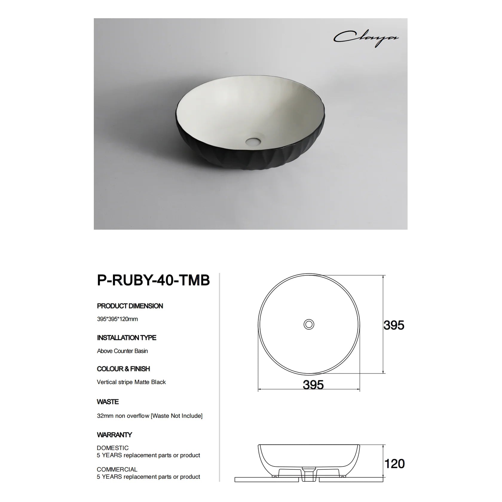 Claya above-counter ceramic basin - P-Ruby-40-TMB