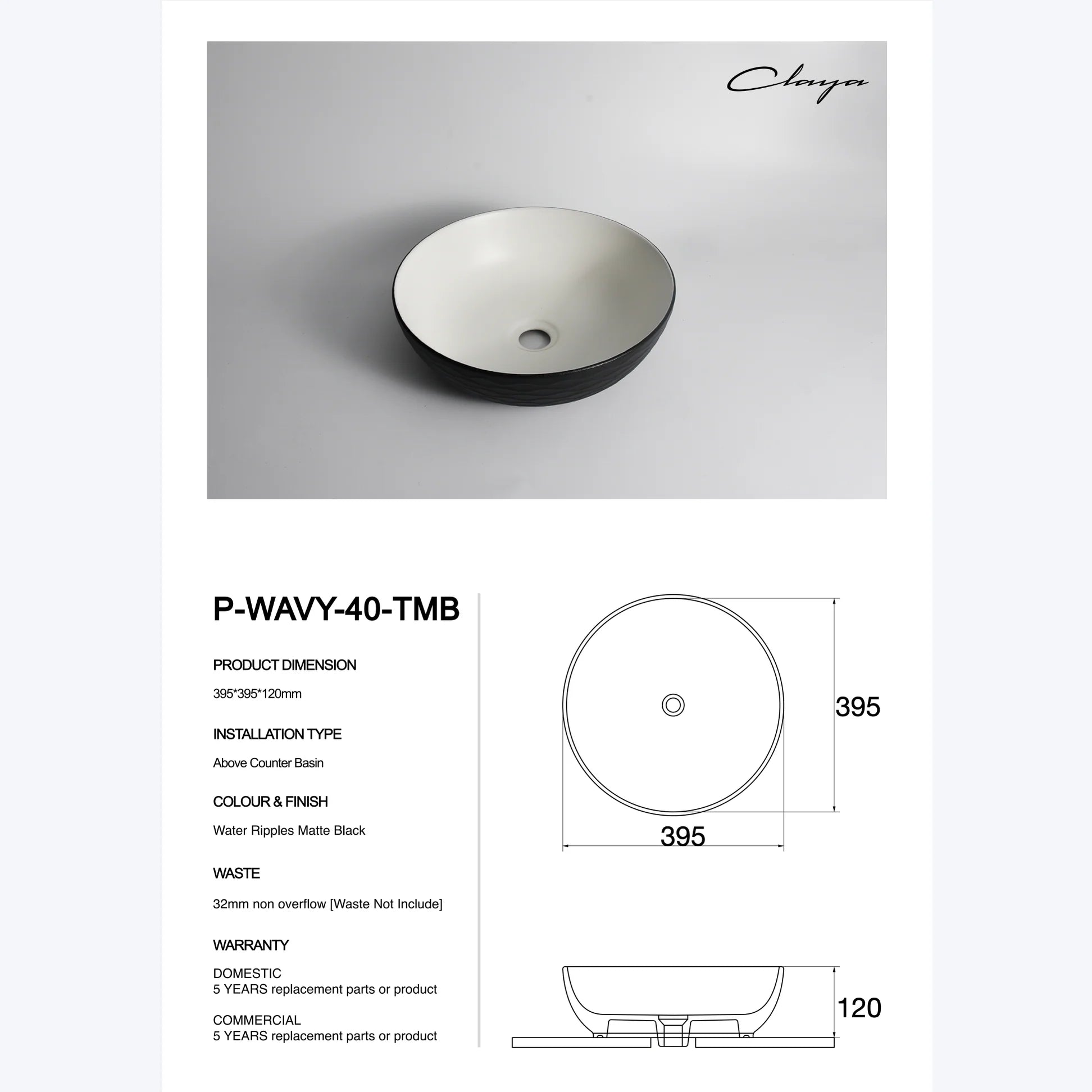 Claya above-counter ceramic basin - P-Wavy-40-TMB