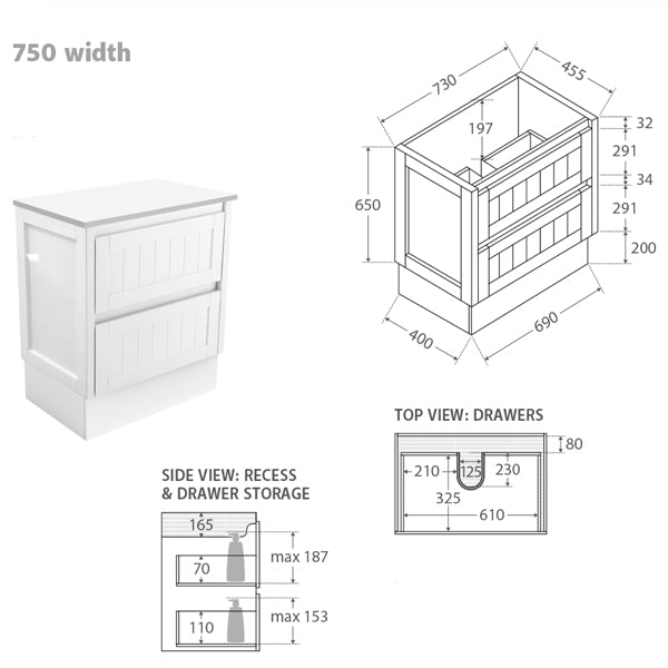 Fienza Rotondo Hampton Vanity with Kickboard 750mm - 1200mm