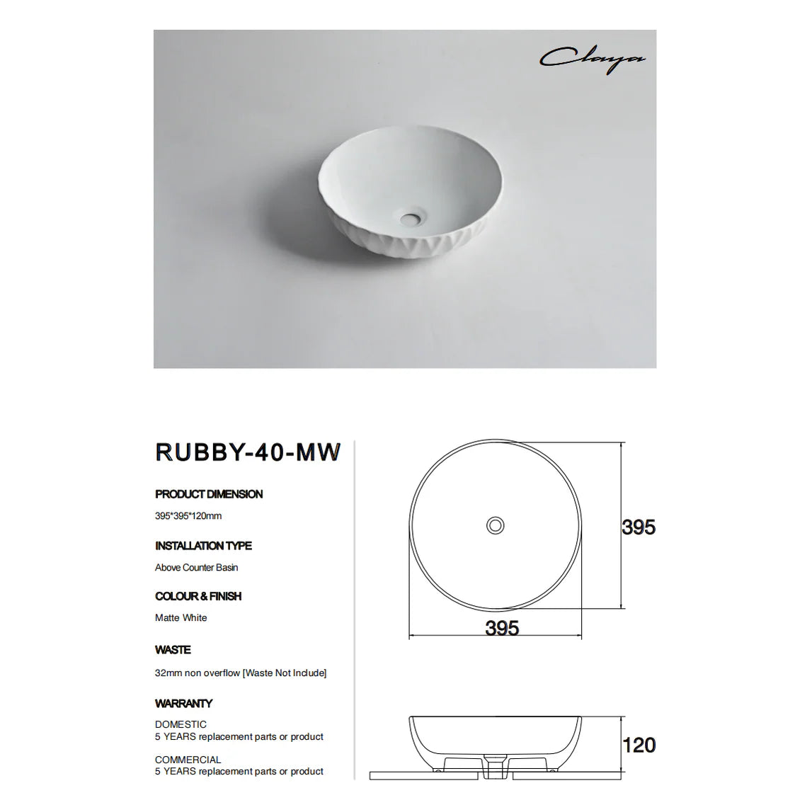 Claya Rubby-40 Above-Counter Fine Ceramic Basin – Matte White