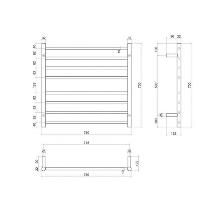 Thermogroup 8 Bar Thermorail Matte Black Straight Round Heated Towel Ladder 750mm