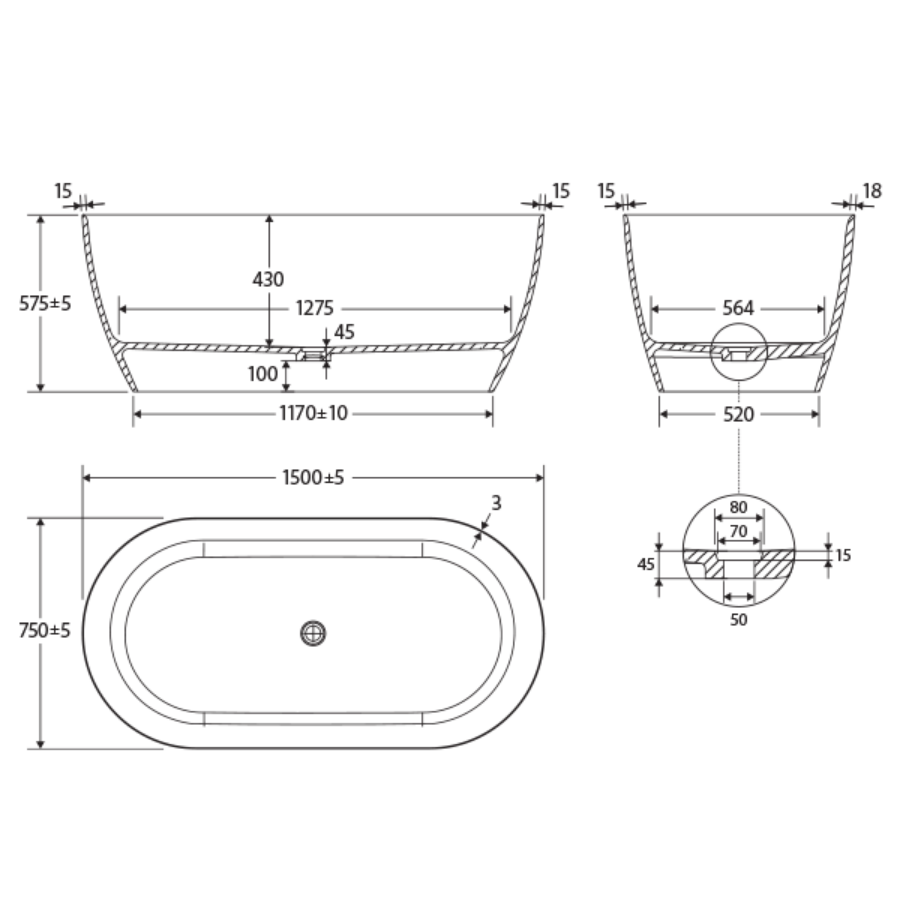Fienza Kaya Slim Wall Matte White Stone Bath 1500mm