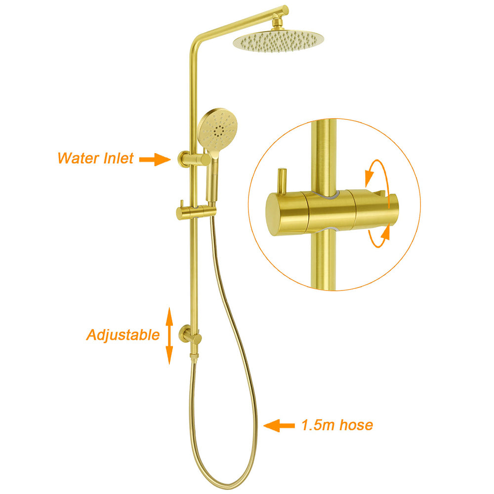 WELS Brushed Gold Twin Shower Set 8" Round Head 3 Modes Handheld Sliding Rail Arm Small Face Mixer