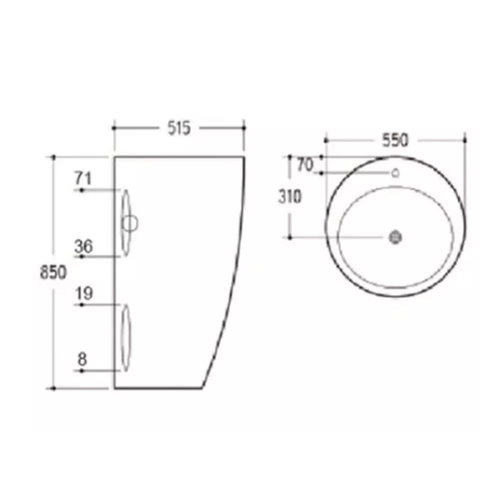 White ceramic basin, 550mm width, no overflow.