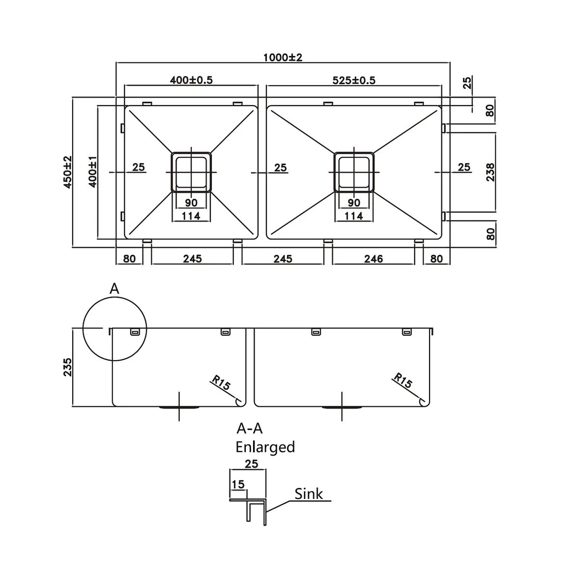 Handmade kitchen sink, 1000mm, stainless steel, modern, durable design