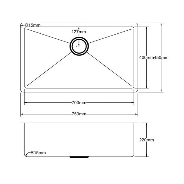 Handmade stainless steel kitchen sink, 750mm size