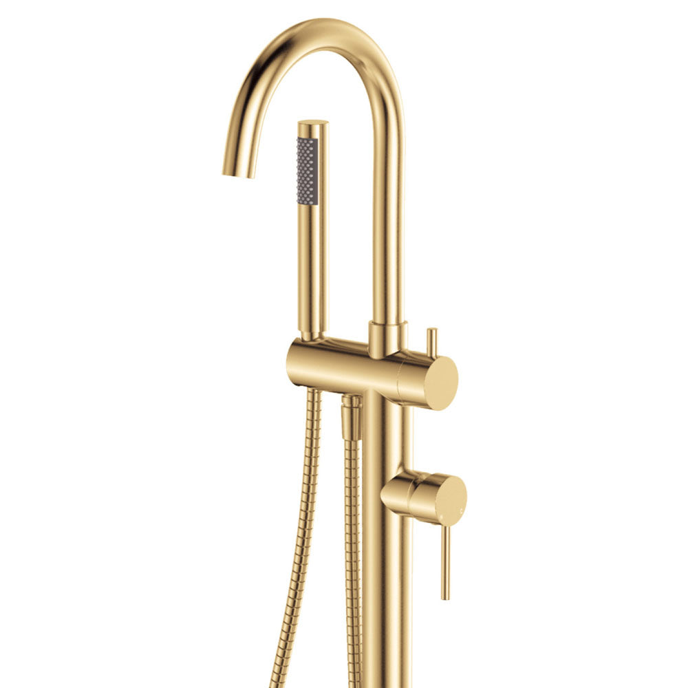 Fienza Kaya Floor Mounted Bath Mixer With Hand Shower, Urban Brass