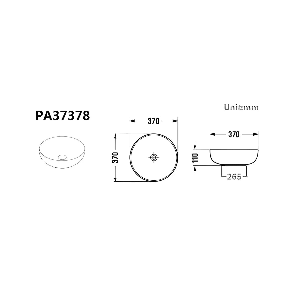 Above-counter Ceramic Art Basin, 370mm-Matte Black-PA37378MB
