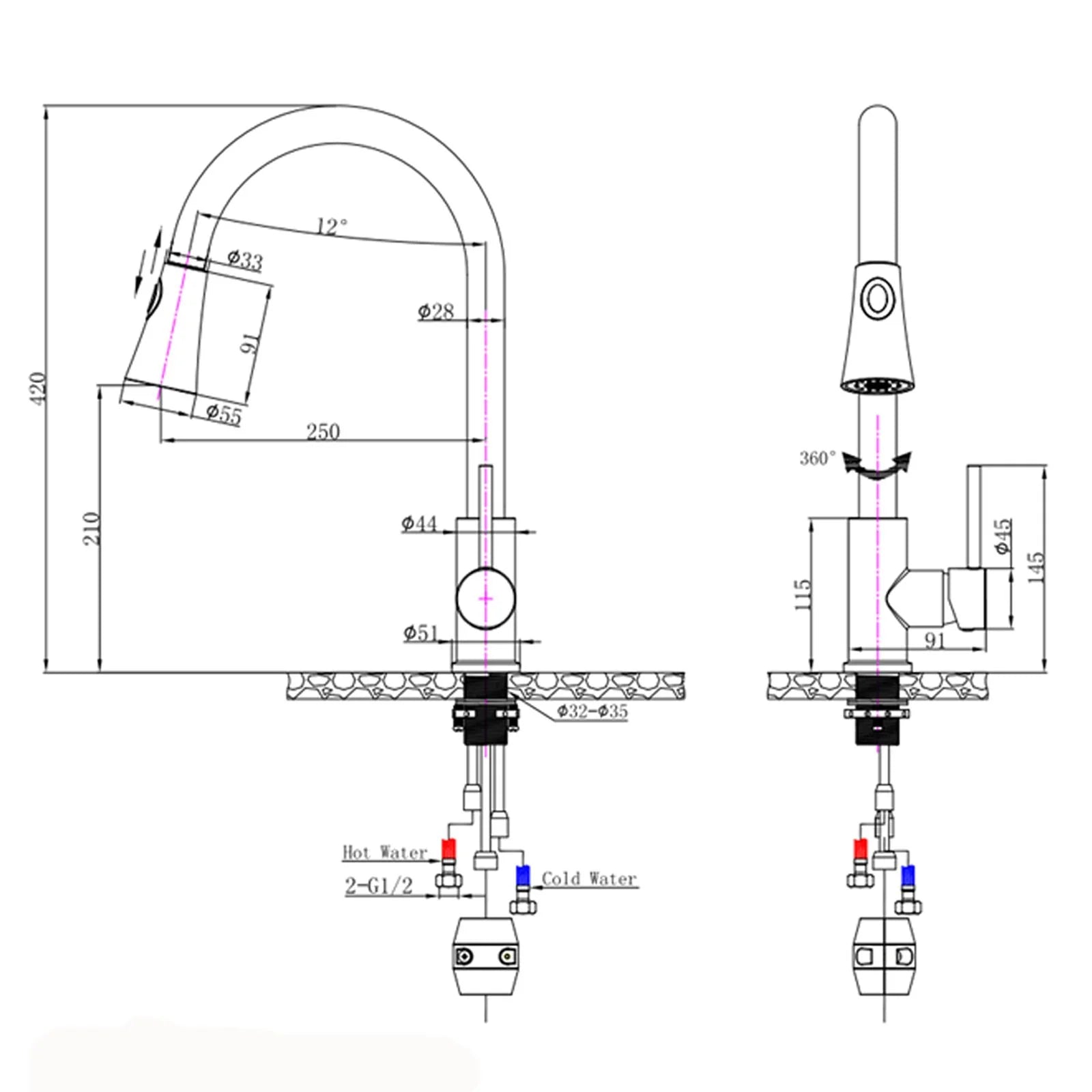 Circular kitchen sink mixer tap with retractable nozzle for versatile use-OX1023.KM