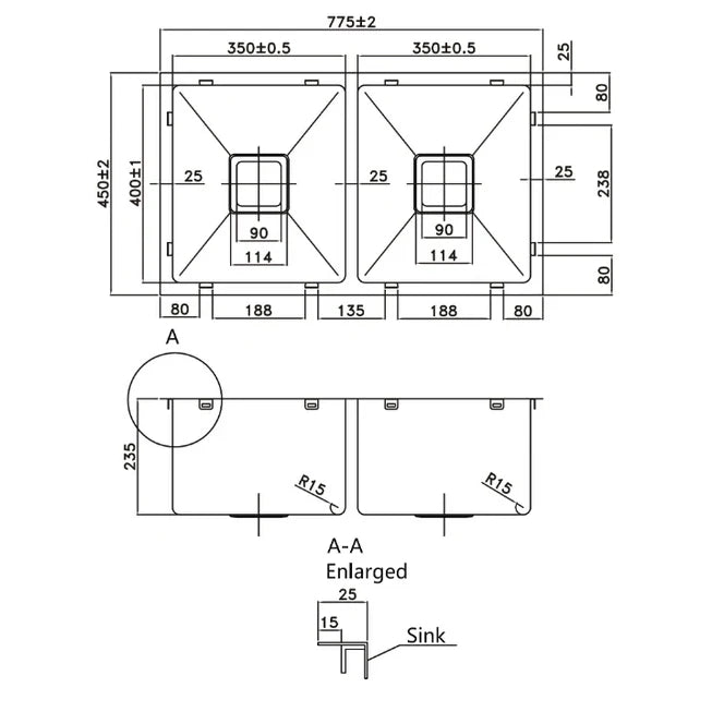 750mm Stainless Steel Double Sink with Dual Basins and Drainboard