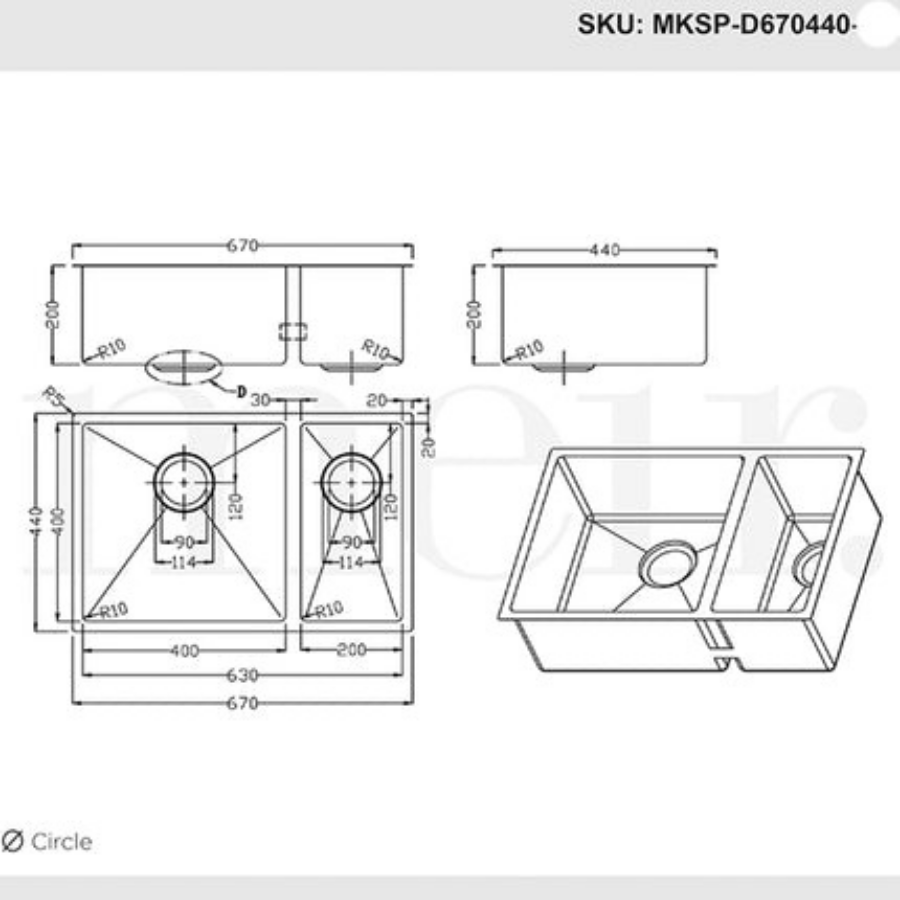 Meir 1.5 Bowl PVD Kitchen Sink 670mm - Brushed Gun Metal