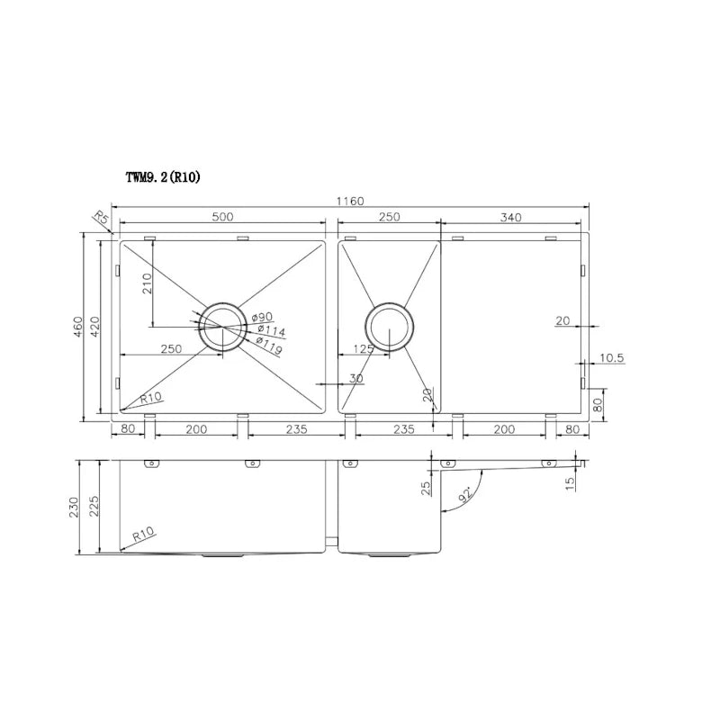 1.2mm Handmade Top/Undermount Kitchen Sink with One And A Half Bowls, 1160x460x230mm