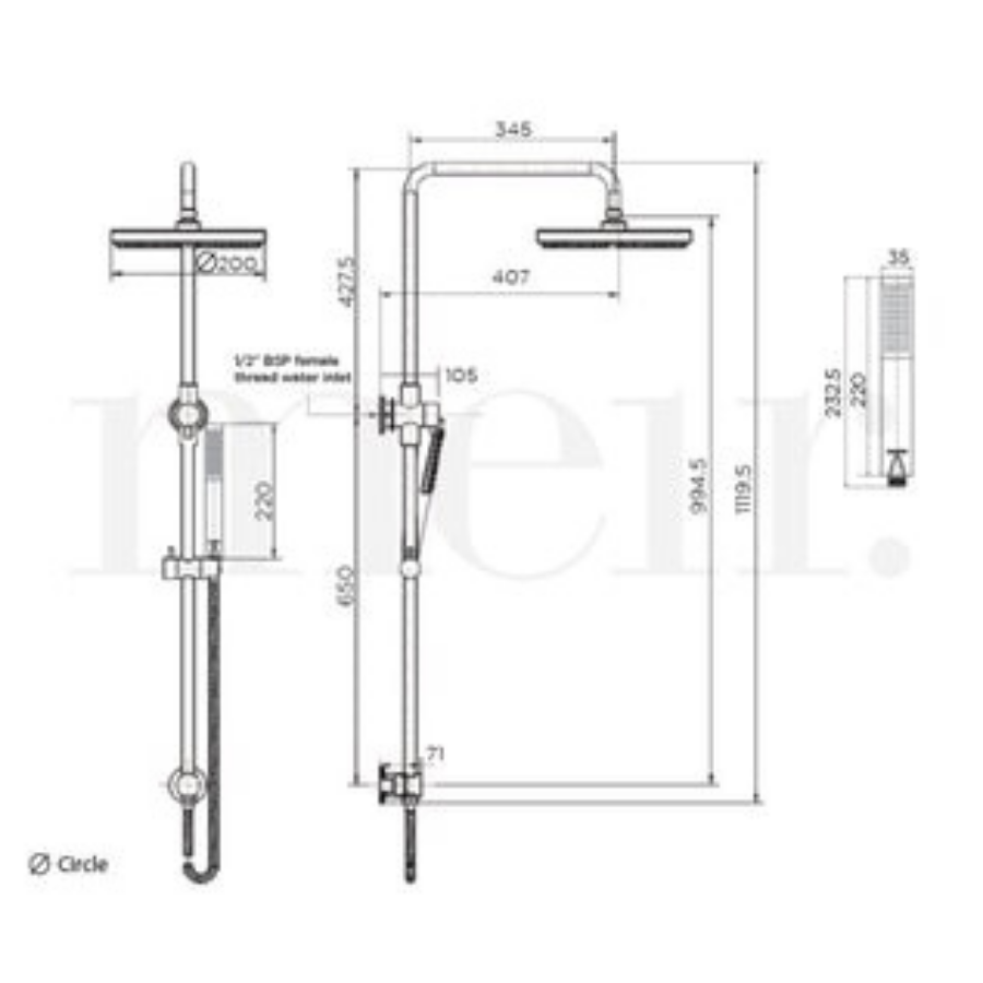 Meir Round Combination Shower Rail 200mm Rose &amp; Hand Shower Brushed Nickel