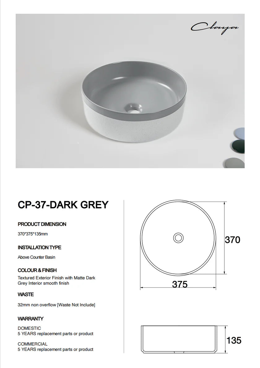 Colour Plus-37 Round Above-Counter Basin – Matte Grey