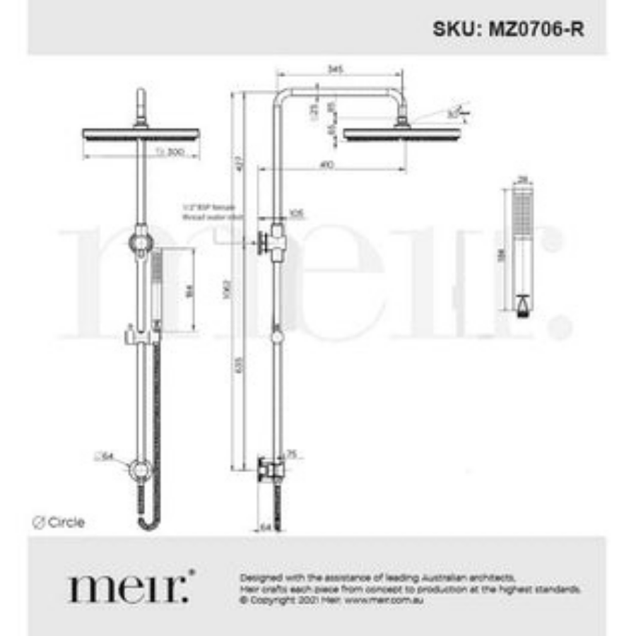 Meir Round Combination Shower Rail 300mm Rose &amp; Hand Shower - Brushed Nickel