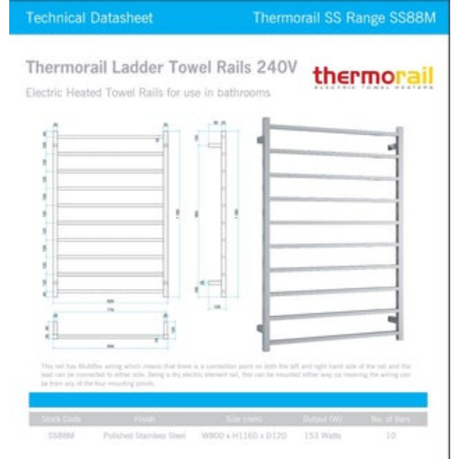 Thermogroup Wide 10 Bar Thermorail Straight Square Heated Towel Ladder 800mm