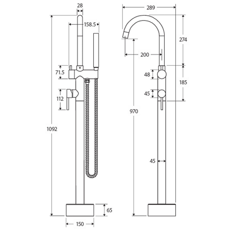 Fienza Kaya Floor Mounted Bath Mixer With Hand Shower, Urban Brass