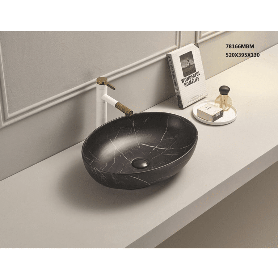 520x395x130mm Bathroom Wash Basin Oval Above Counter Matt Black Marble Surface Ceramic