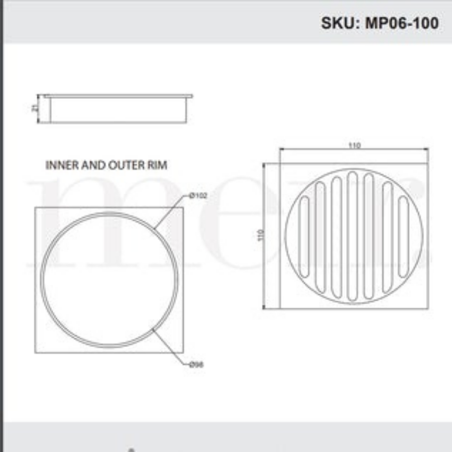 Meir Square Floor Grate Shower Drain 100mm outlet - PVD Shadow