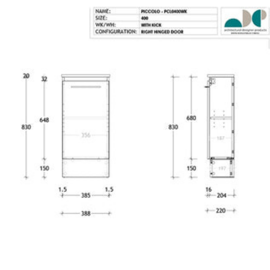 ADP Piccolo Vanity with Kickboard 400mm