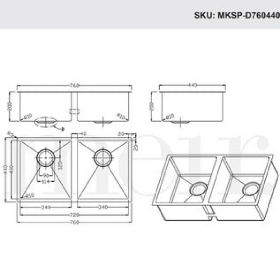 Meir Kitchen Sink Double Bowl 760mm x 440mm - Brushed Nickel