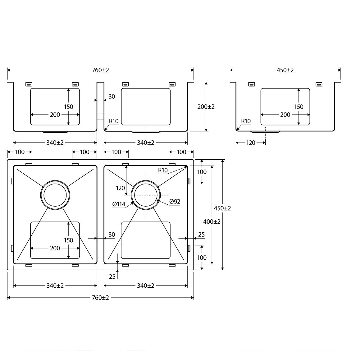 Fienza Hana 27L/27L Double Kitchen Sink, Stainless Steel