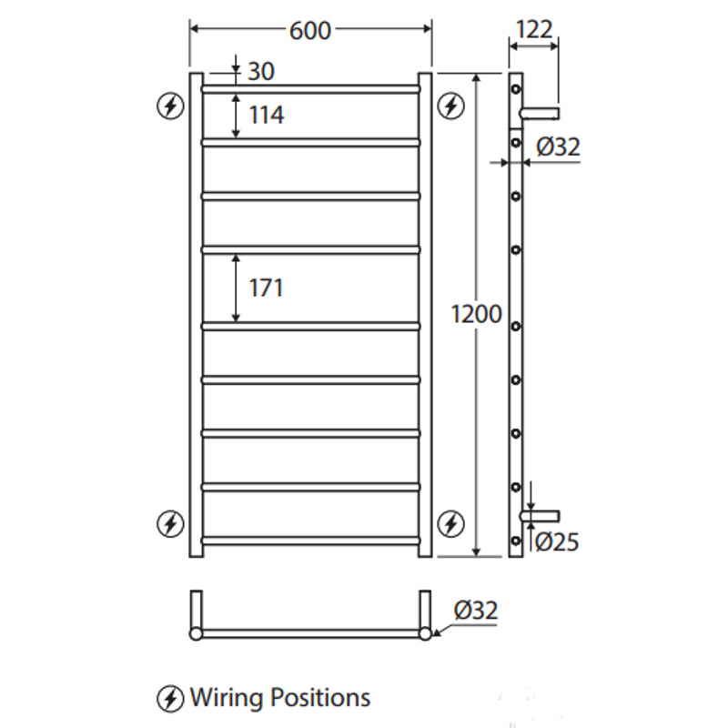 Fienza Isabella Heated Towel Rail, 600 x 1200mm, Brushed Nickel