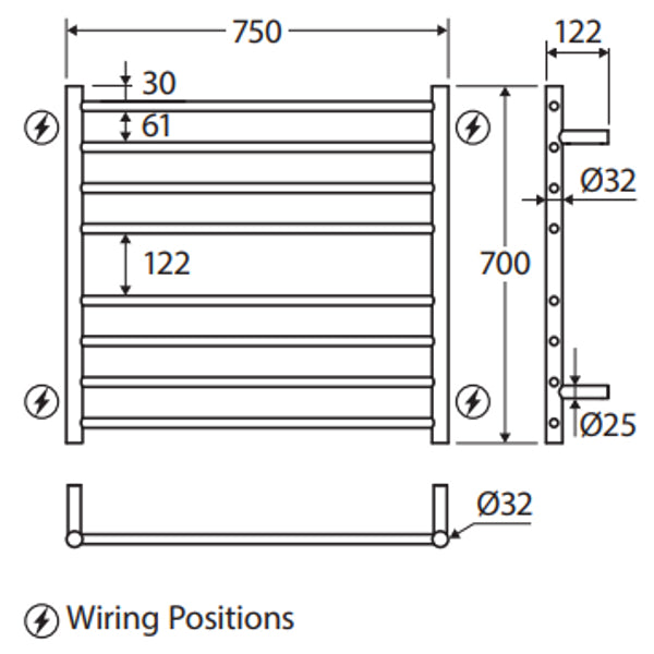 Fienza Isabella Heated Towel Rail, 750 x 700mm, Matte Black