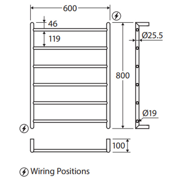 Fienza Kaya Heated Towel Rail, 600 x 800mm, Urban Brass