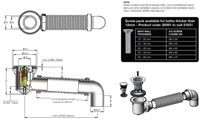 40mm Pop Down Bath Waste Brushed Gold with Connector, 21831.23