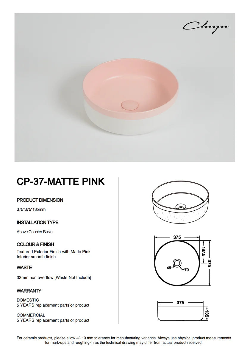Colour Plus-37 Round Above-Counter Basin – Matte Pink