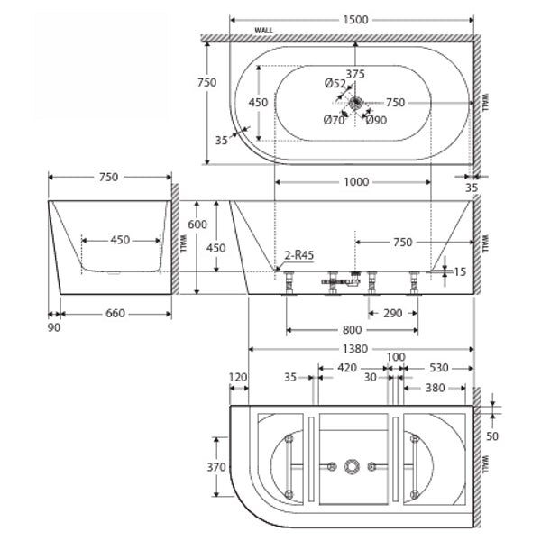Fienza Isabella Left-Hand Acrylic Corner Bath, 1500mm