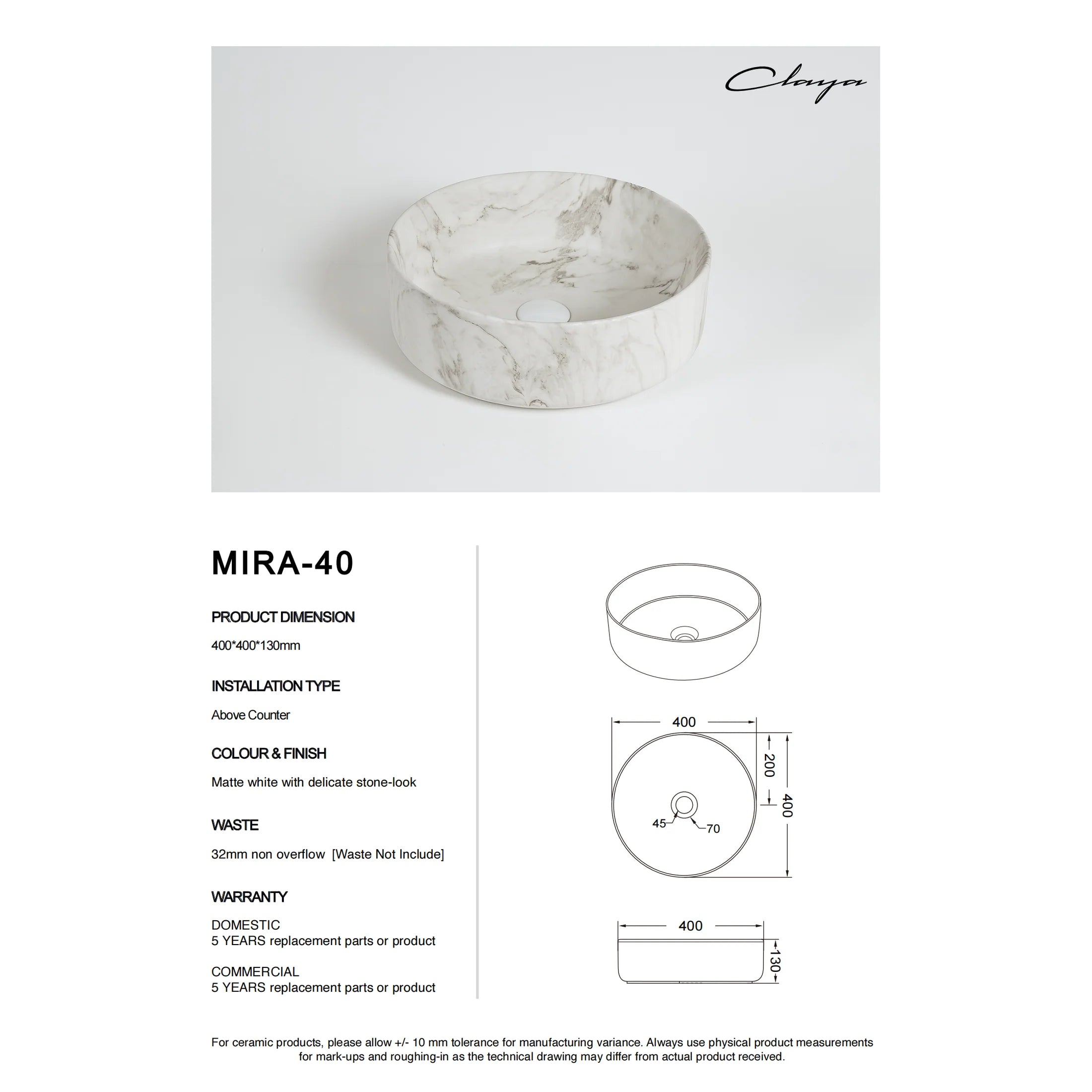 Claya Mira 40 Round Above-Counter Basin – Matte White Ceramic