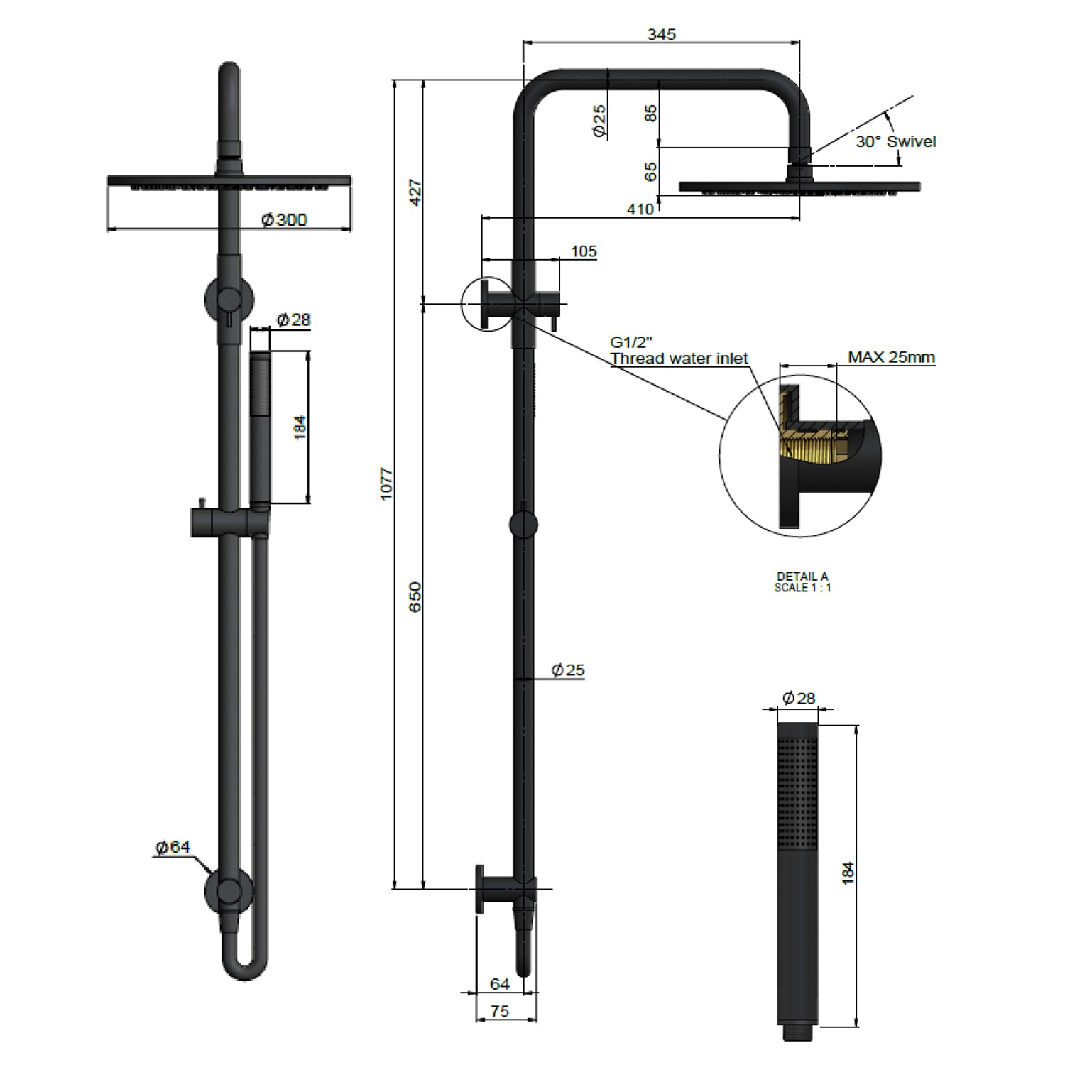 Meir Round Combination Shower Rail 300mm Rose, Single Function Hand Shower - PVD Shadow
