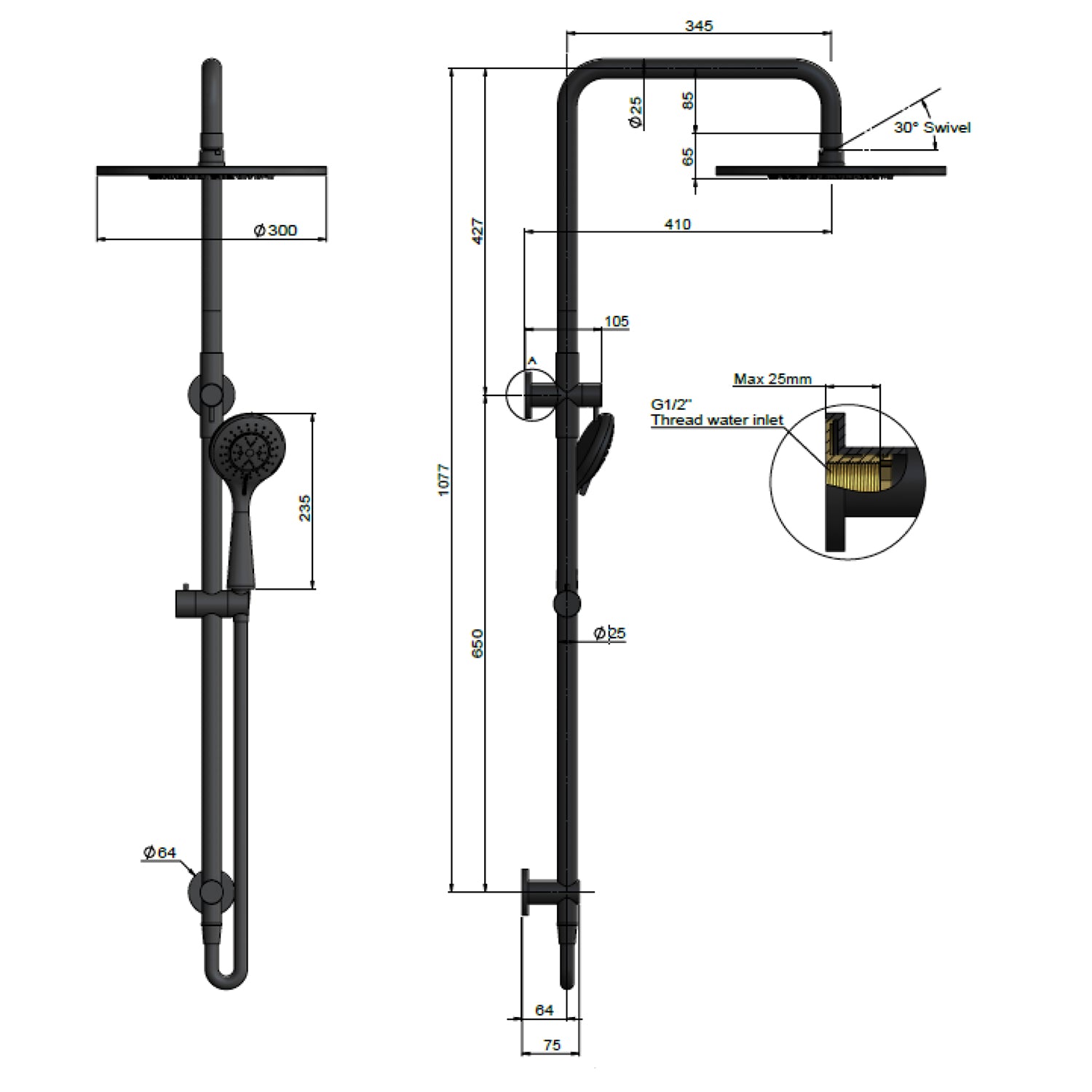 Meir Round Combination Shower Rail 300mm Rose, Three Function Hand Shower - Matte Black