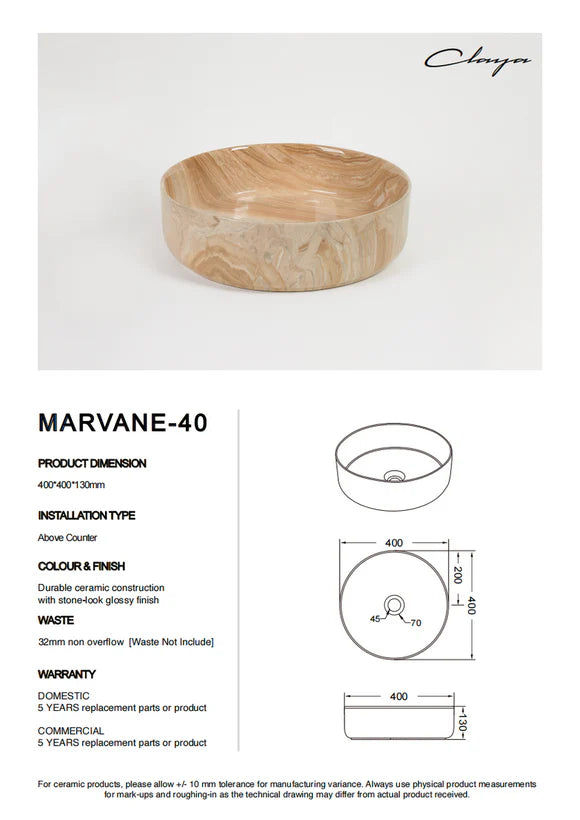 Claya Marvane-40 Round Above-Counter Ceramic Basin – Gloss Stone Marble