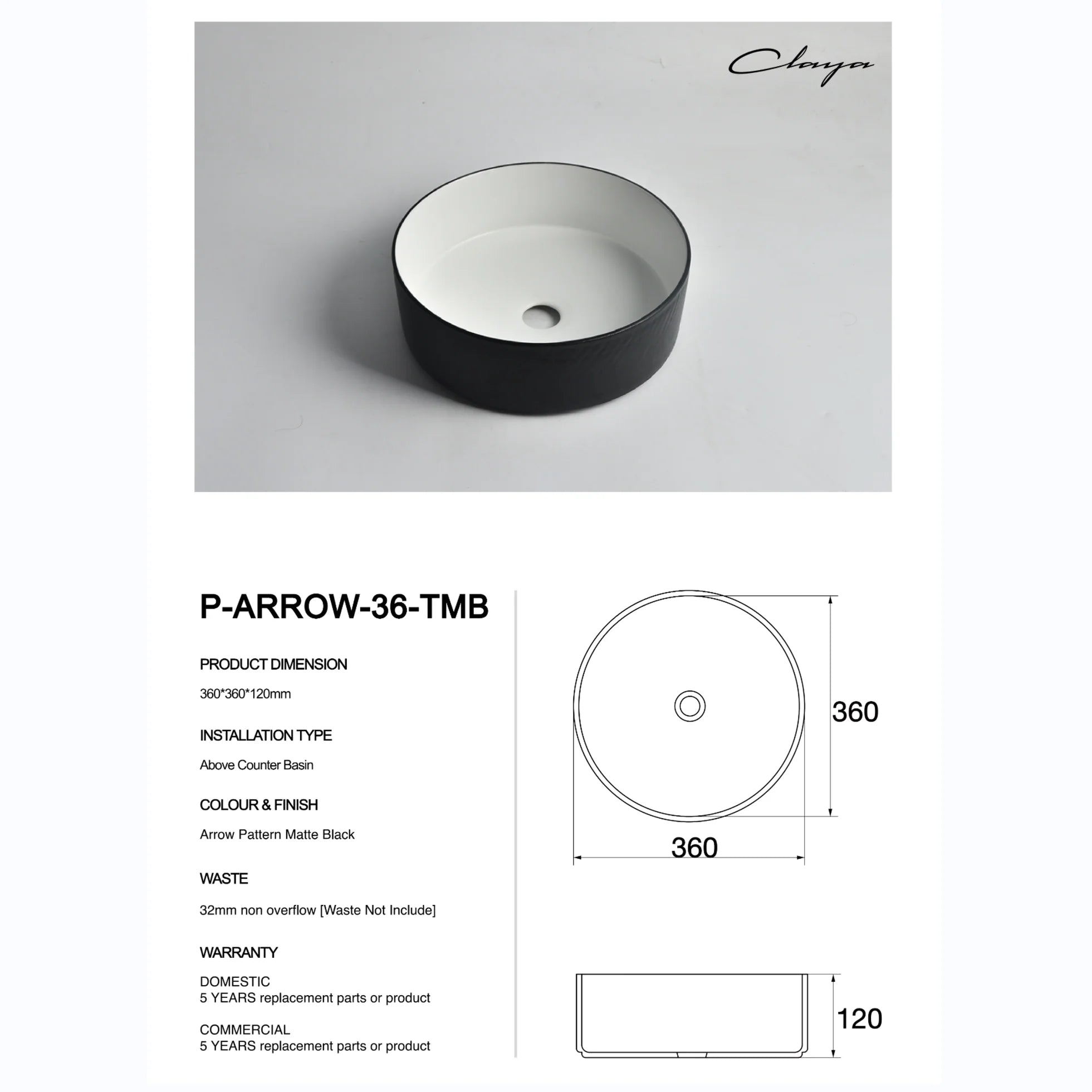 Claya above-counter ceramic basin - P-Arrow-36-TMB