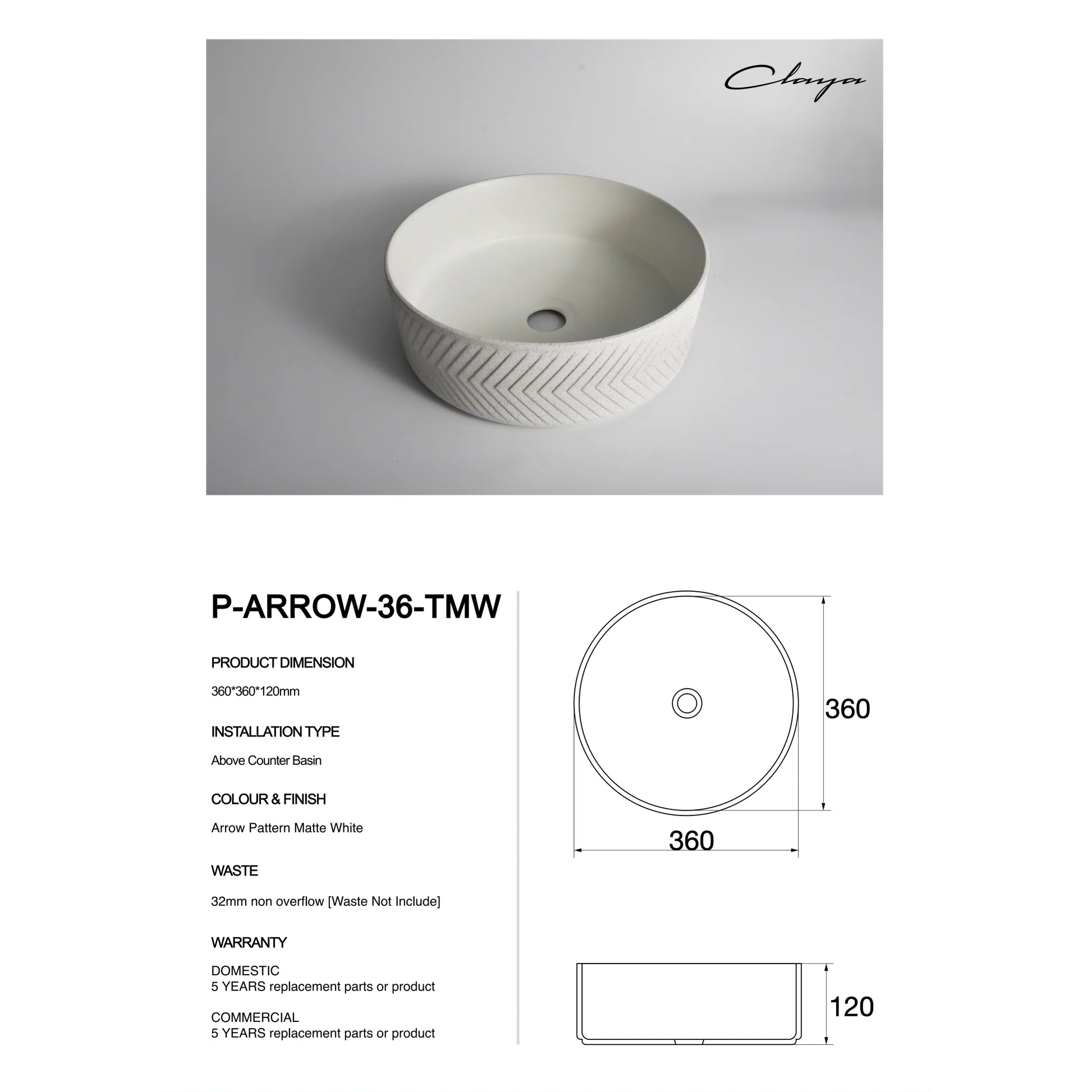 Claya above-counter ceramic basin - P-Arrow-36-TMW