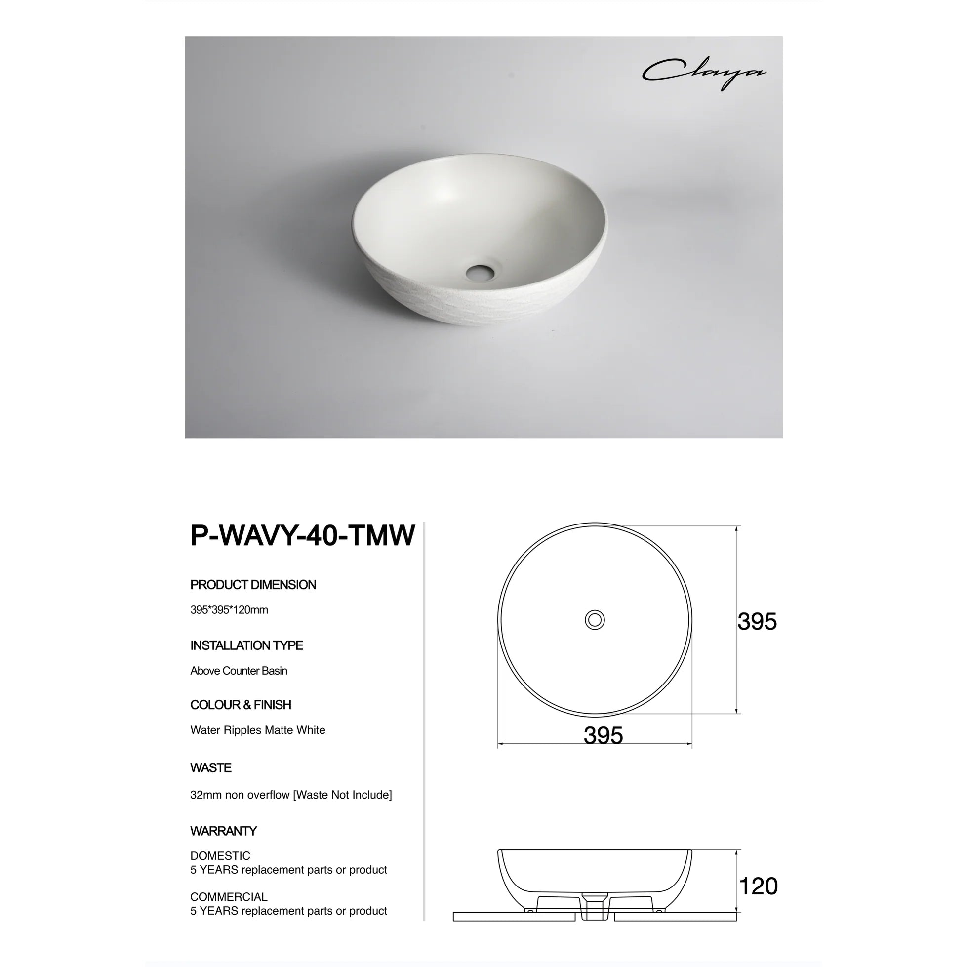 Claya above-counter ceramic basin - Polar-40-Wavy Textured White